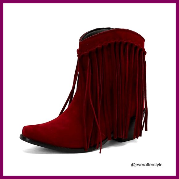 Shoes - Fringe Tassel Western Ankle Boots, Pull-On Suede Cowboy Booties, 6cm Heel